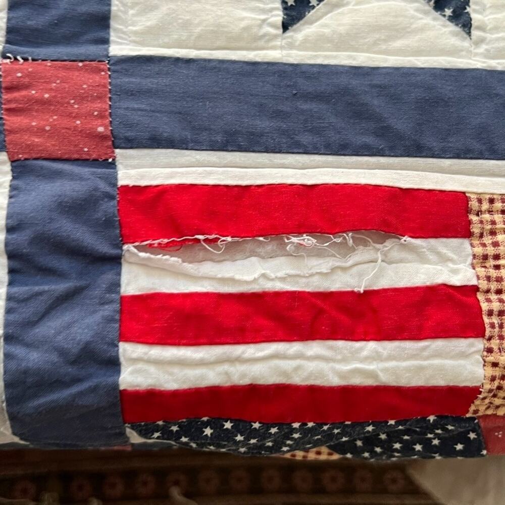 Vintage Americana Handmade Quilt 95 x 98 in Patriotic Cabin Star Patchwork - Picture 8 of 16